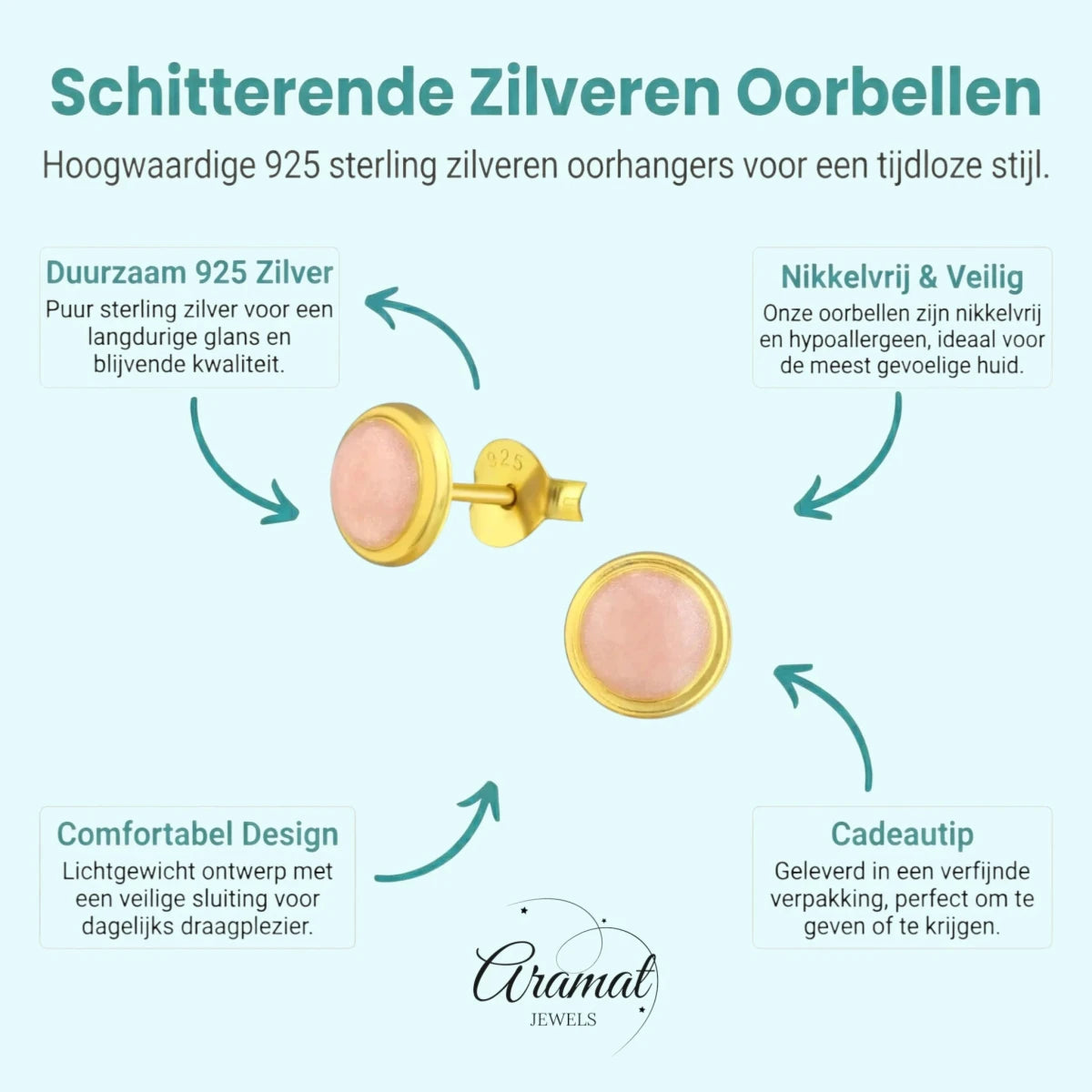 Zilveren Oorstekers Roze Shimmer Goudkleurig &acirc;&euro;&ldquo; 7mm 925 Zilver Epoxy -
