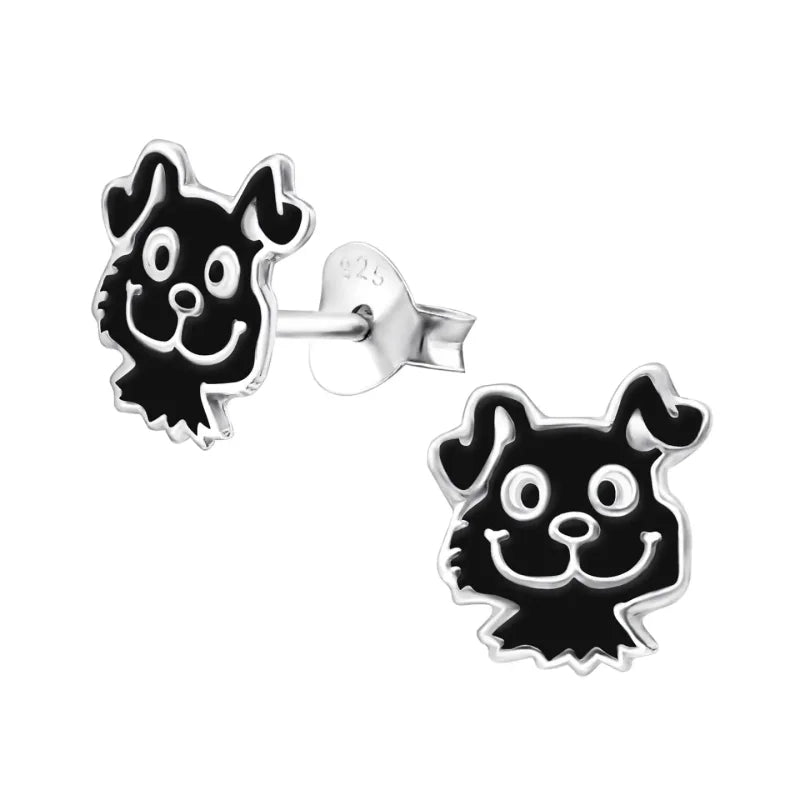 Zilveren Honden Oorstekers Kind &acirc;&euro;&ldquo; 925 Zilver Emaille - Zwart-9x8mm - Dames