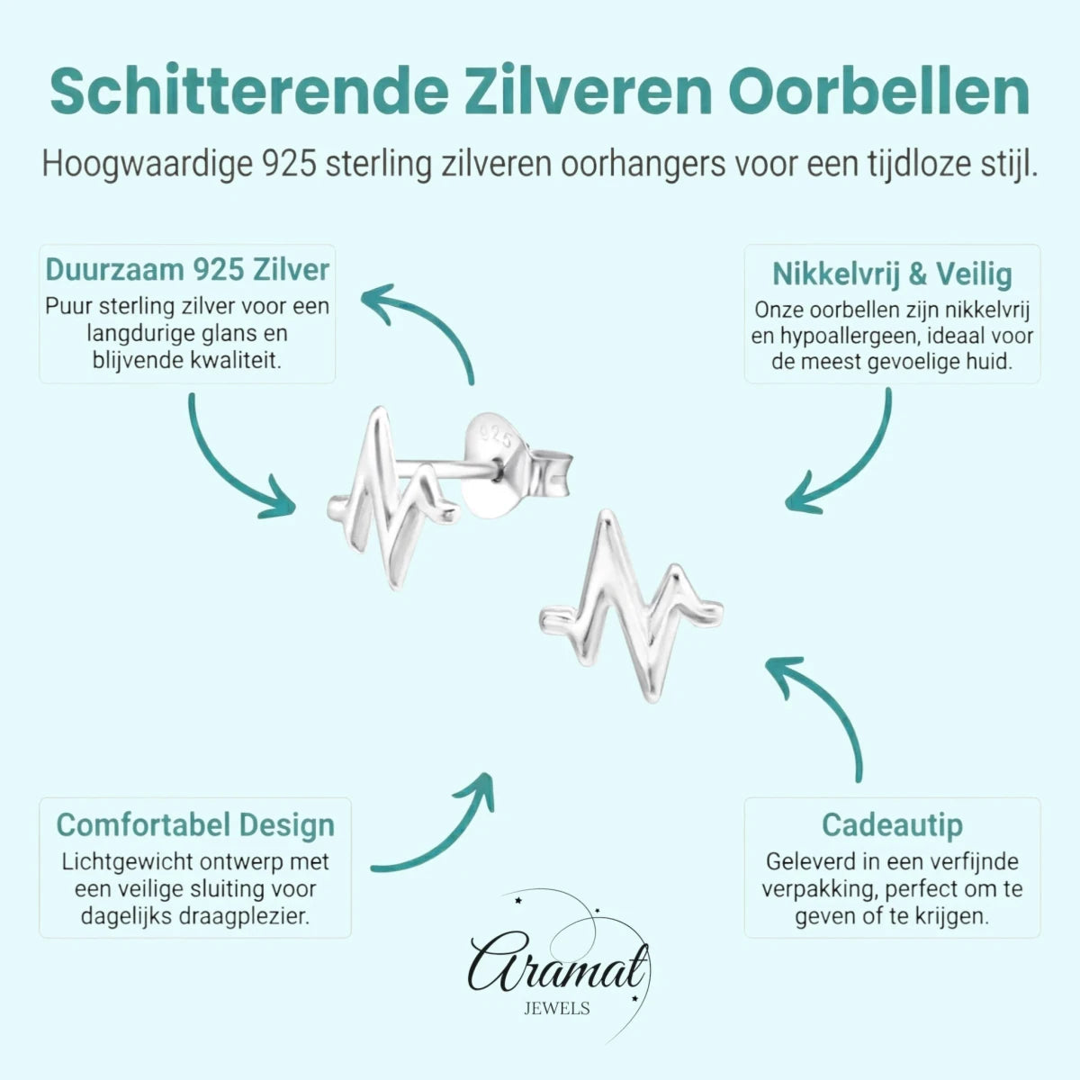 Zilveren Hartslag Oorstekers &acirc;&euro;&ldquo; 7x7mm 925 Zilver Symbool - Heartbeat-7mm - Dames