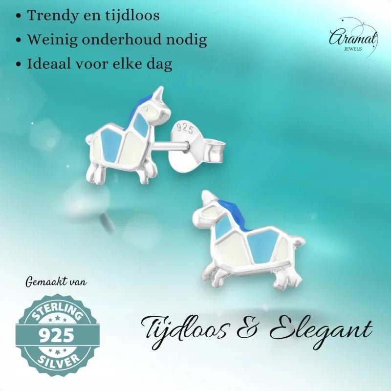 Zilveren Eenhoorn Oorbellen Wit Blauw Emaille &acirc;&euro;&ldquo; 8mm 925 Zilver - Unisex