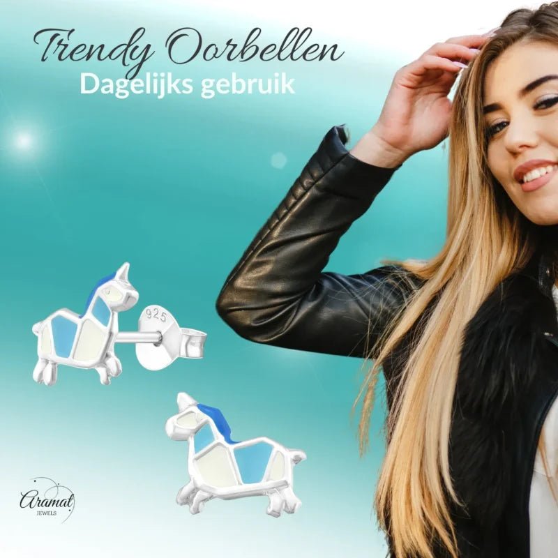 Zilveren Eenhoorn Oorbellen Wit Blauw Emaille &acirc;&euro;&ldquo; 8mm 925 Zilver - Unisex