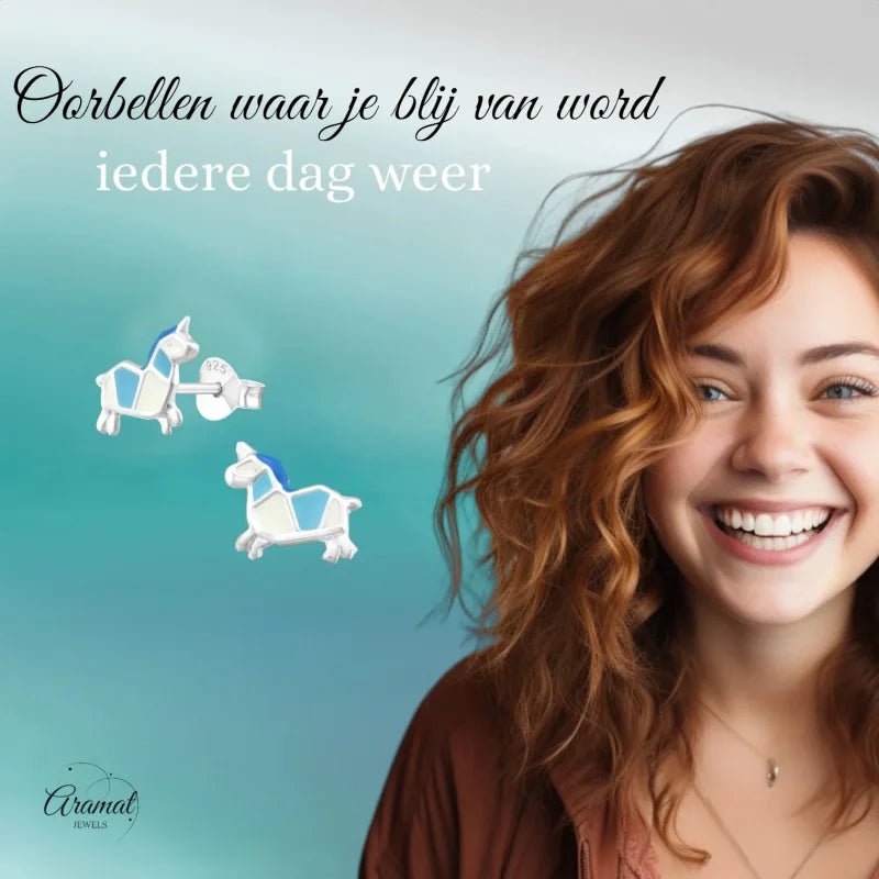 Zilveren Eenhoorn Oorbellen Wit Blauw Emaille &acirc;&euro;&ldquo; 8mm 925 Zilver - Unisex