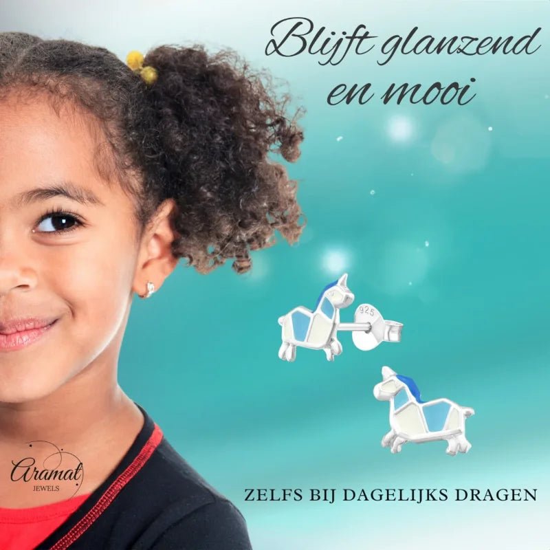 Zilveren Eenhoorn Oorbellen Wit Blauw Emaille &acirc;&euro;&ldquo; 8mm 925 Zilver - Unisex