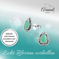 Zilveren Bali Druppel Oorbellen Geoxideerd Emaille &acirc;&euro;&ldquo; 9x6mm 925 Zilver - Aqua Blau
