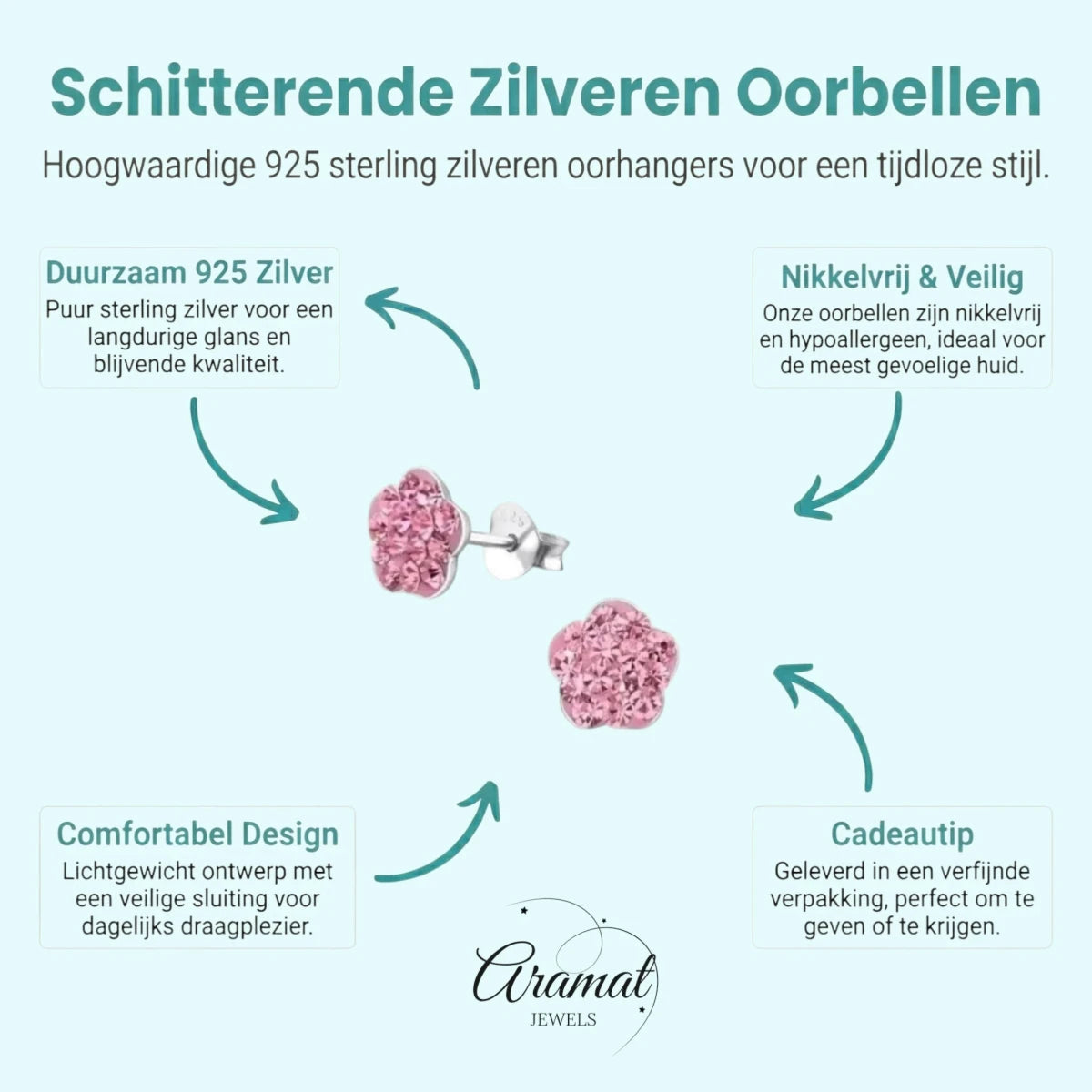 Zilveren Bloem Oorbellen Roze Kristal &acirc;&euro;&ldquo; 8mm 925 Zilver -