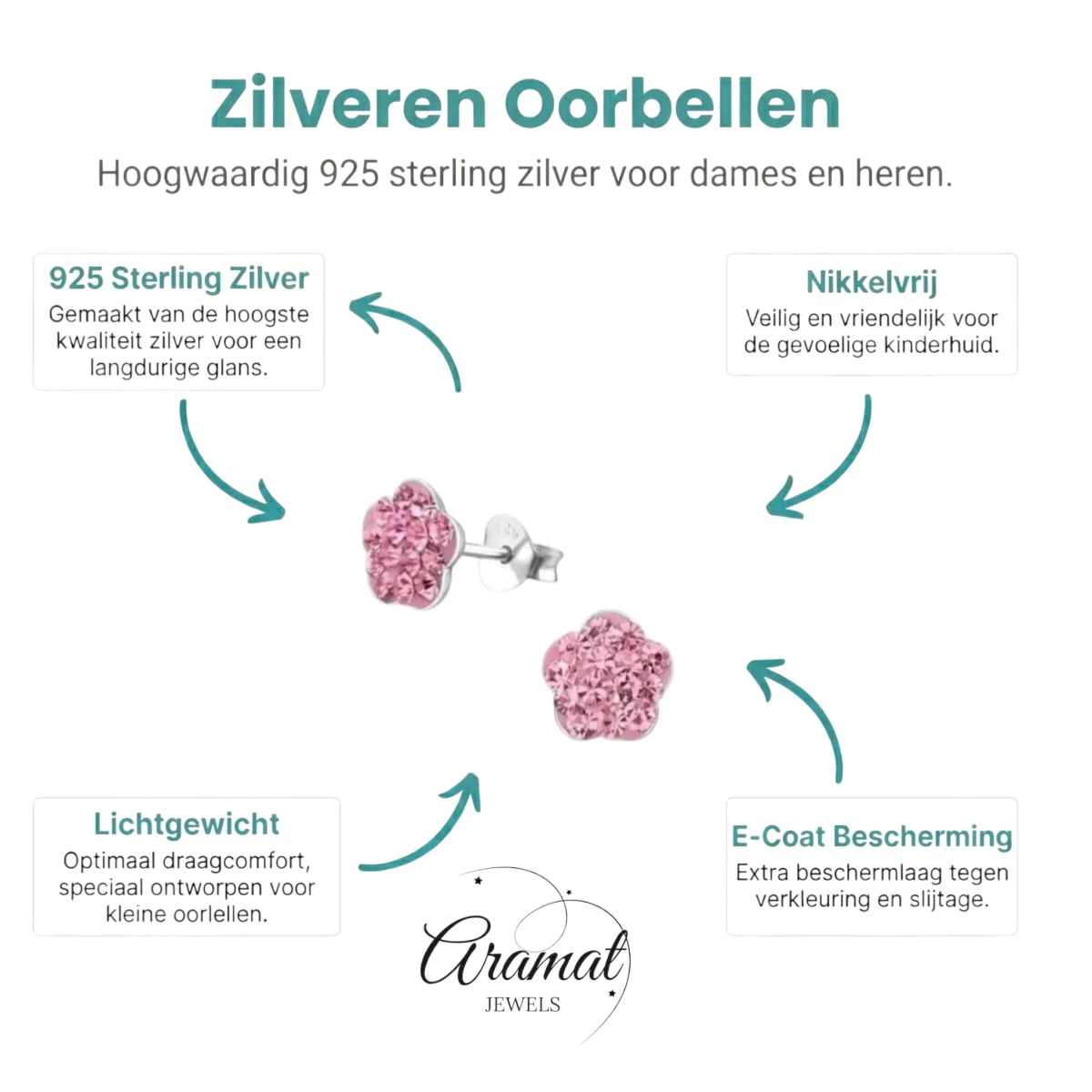 Zilveren Bloem Oorbellen Roze Kristal &acirc;&euro;&ldquo; 8mm 925 Zilver -