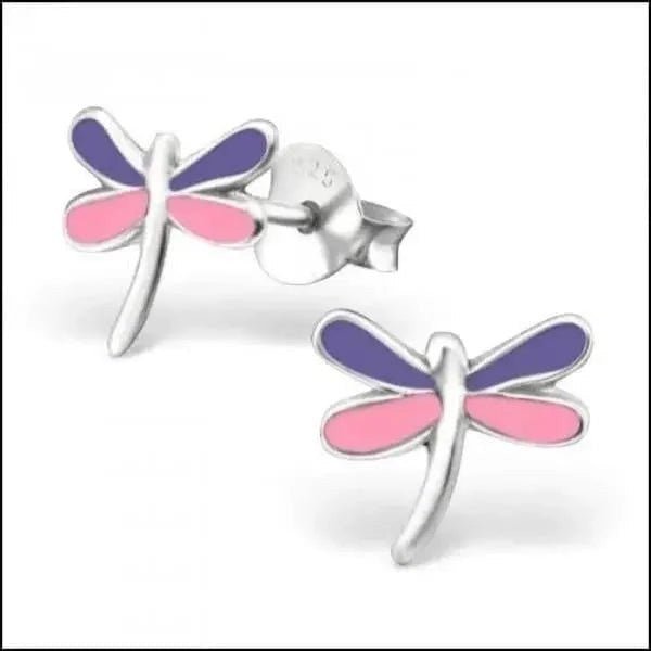 Zilveren Libelle Oorstekers Roze Paars Emaille &acirc;&euro;&ldquo; 9x8mm 925 Zilver -