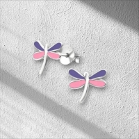 Zilveren Libelle Oorstekers Roze Paars Emaille &acirc;&euro;&ldquo; 9x8mm 925 Zilver -