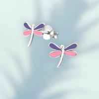 Zilveren Libelle Oorstekers Roze Paars Emaille &acirc;&euro;&ldquo; 9x8mm 925 Zilver -