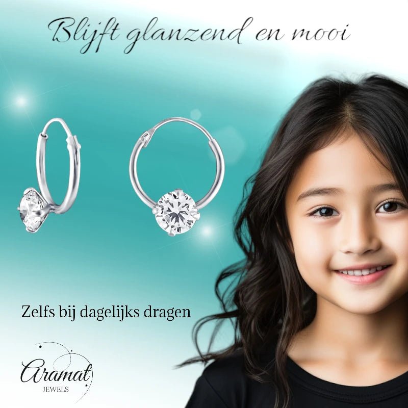 Zilveren Kinder Oorringen Ronde Zirkonia &acirc;&euro;&ldquo; 12mm 925 Zilver 5mm Steen -