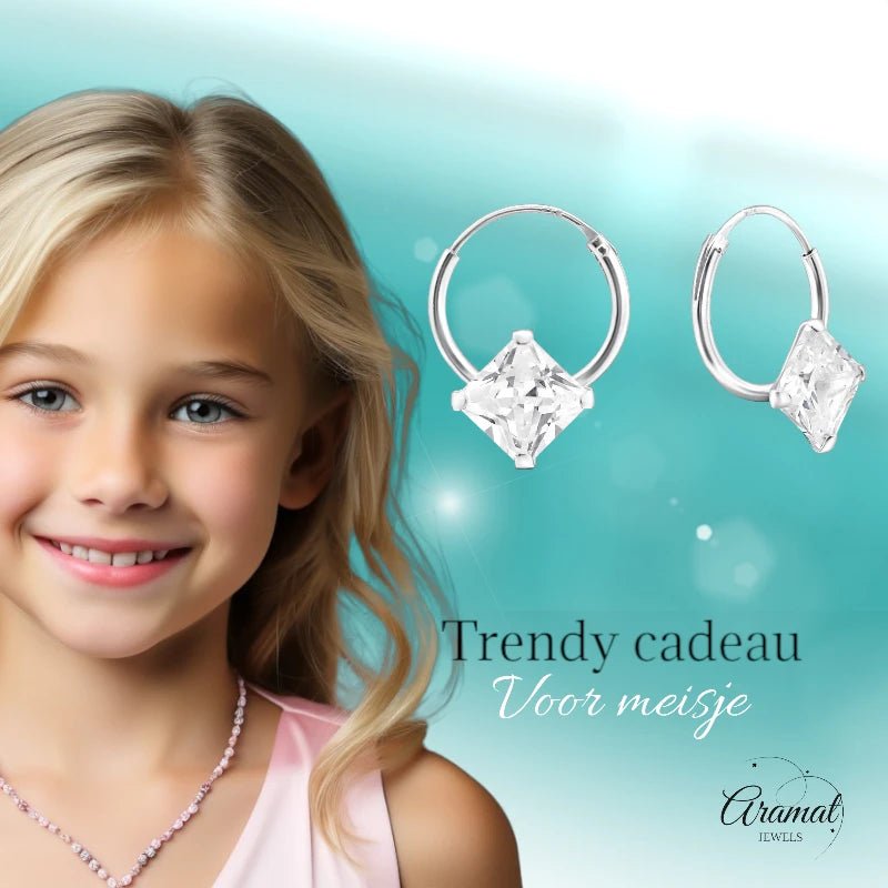 Zilveren Kinder Oorringen Vierkante Zirkonia &acirc;&euro;&ldquo; 12mm 925 Zilver Princess Cut -