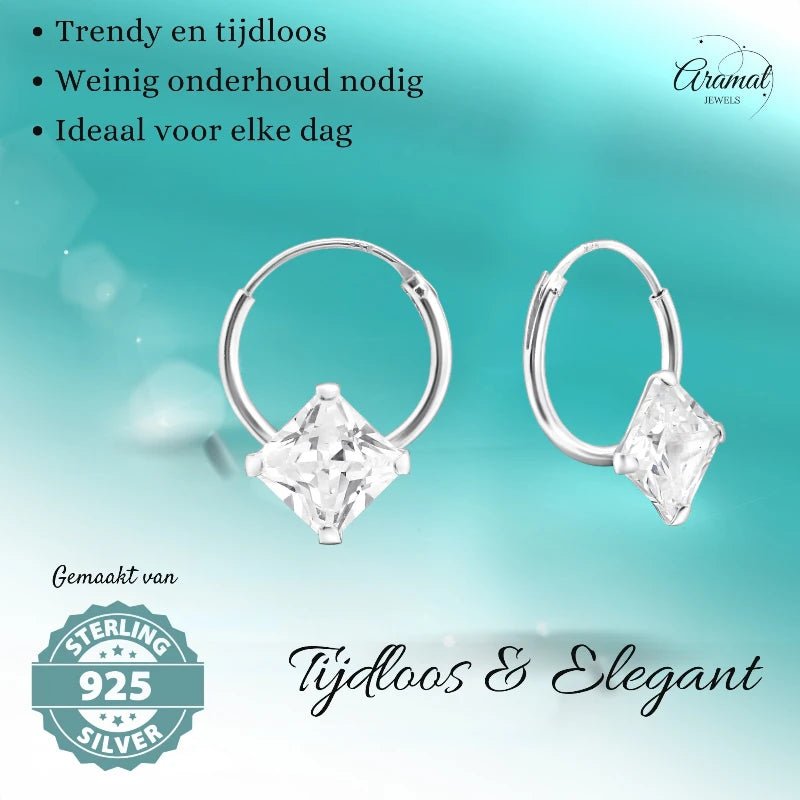 Zilveren Kinder Oorringen Vierkante Zirkonia &acirc;&euro;&ldquo; 12mm 925 Zilver Princess Cut -