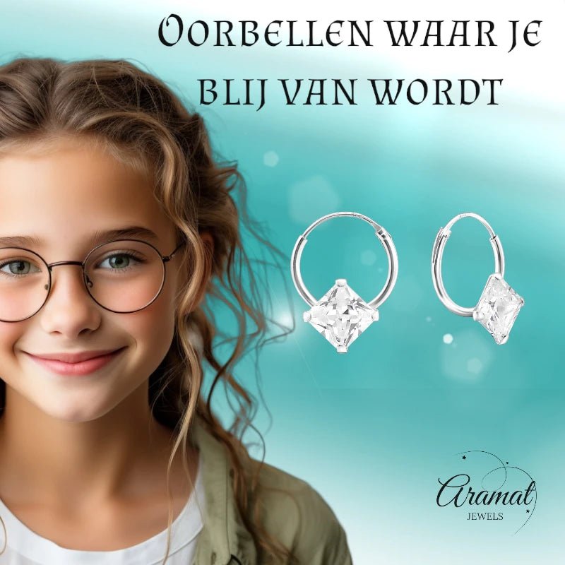 Zilveren Kinder Oorringen Vierkante Zirkonia &acirc;&euro;&ldquo; 12mm 925 Zilver Princess Cut -