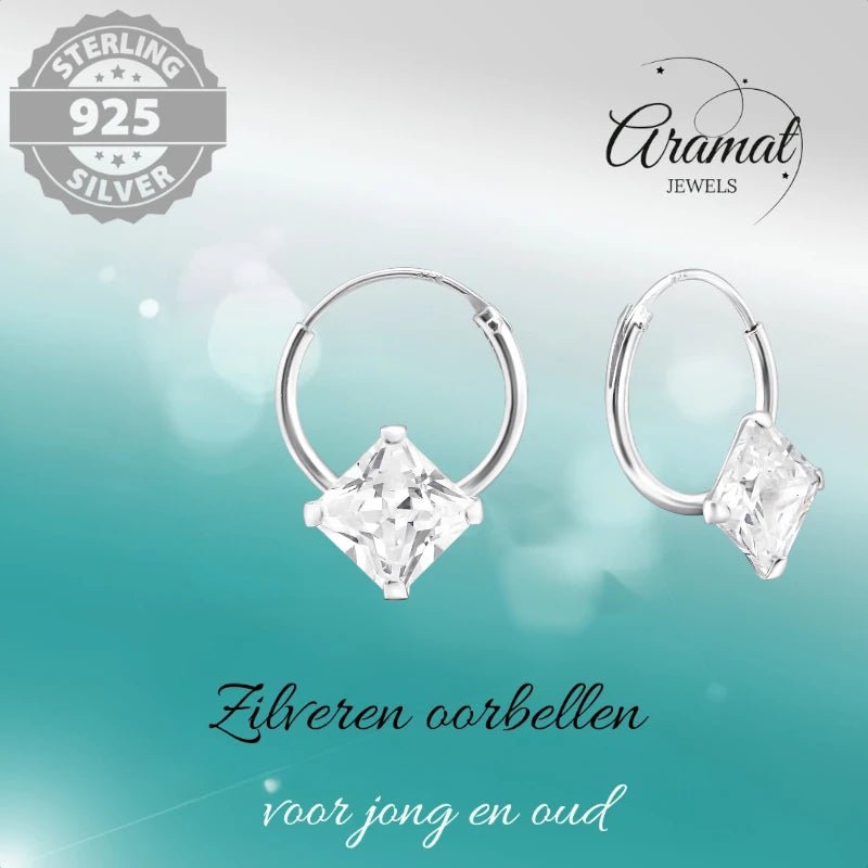 Zilveren Kinder Oorringen Vierkante Zirkonia &acirc;&euro;&ldquo; 12mm 925 Zilver Princess Cut -