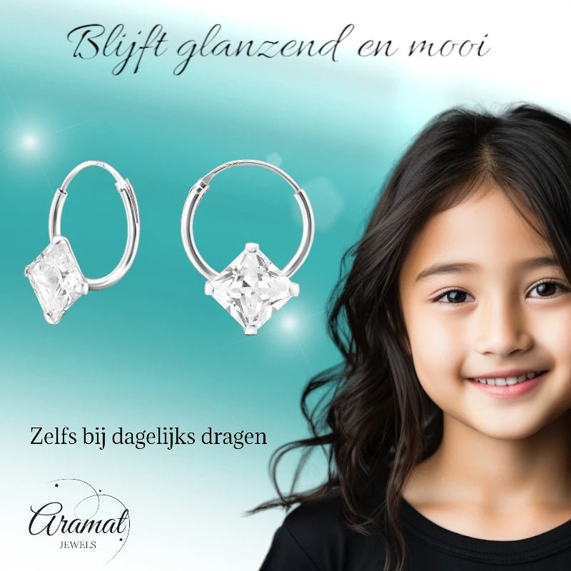 Zilveren Kinder Oorringen Vierkante Zirkonia &acirc;&euro;&ldquo; 12mm 925 Zilver Princess Cut -