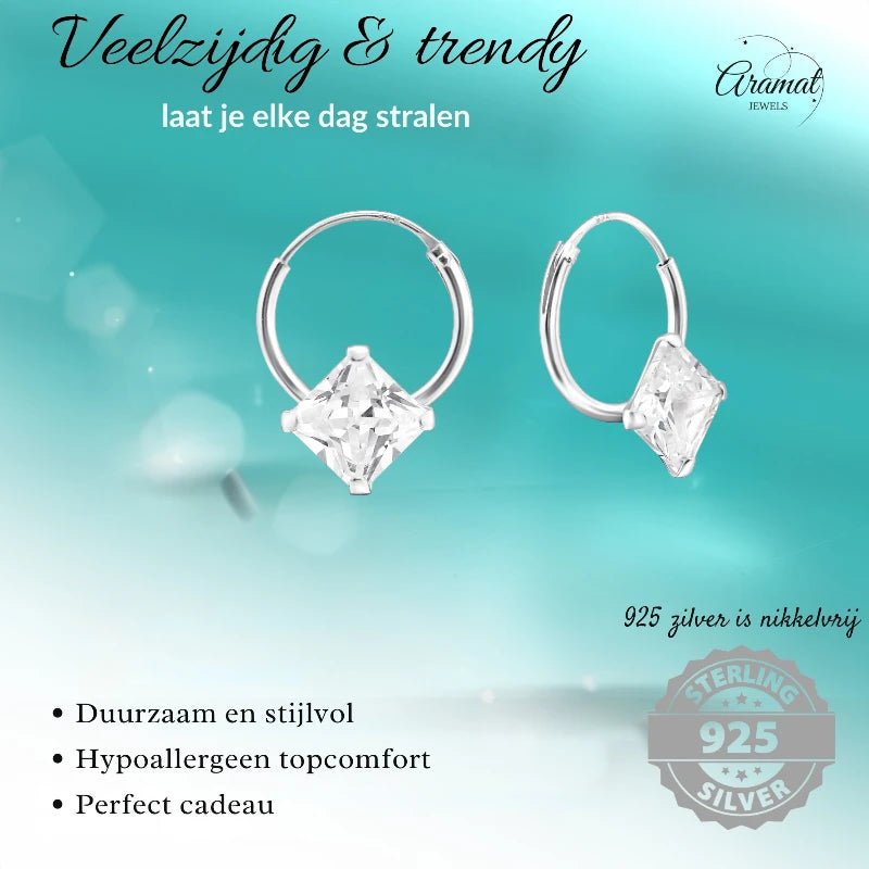 Zilveren Kinder Oorringen Vierkante Zirkonia &acirc;&euro;&ldquo; 12mm 925 Zilver Princess Cut -