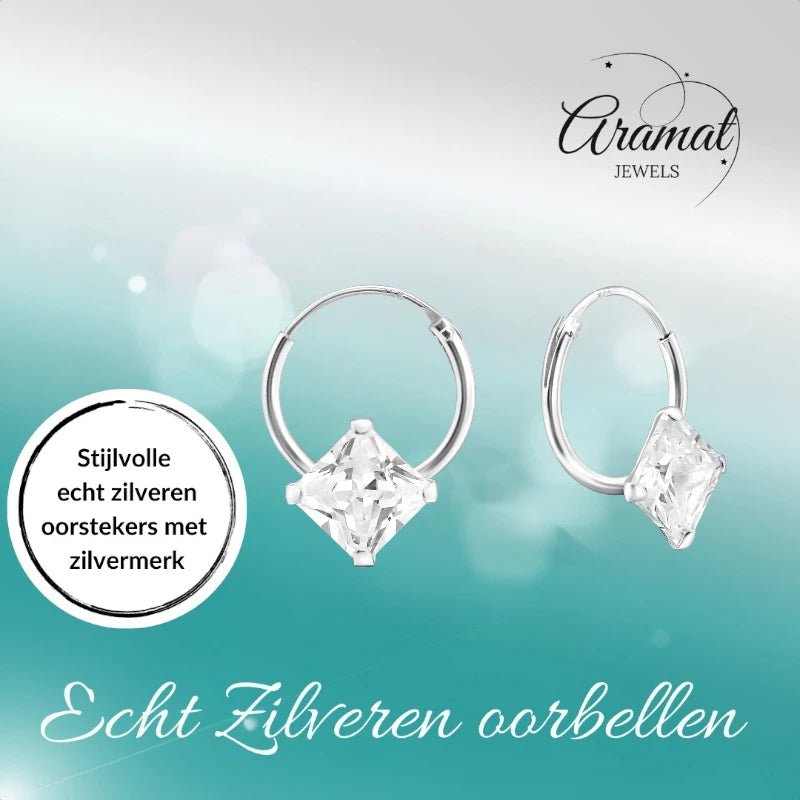Zilveren Kinder Oorringen Vierkante Zirkonia &acirc;&euro;&ldquo; 12mm 925 Zilver Princess Cut -