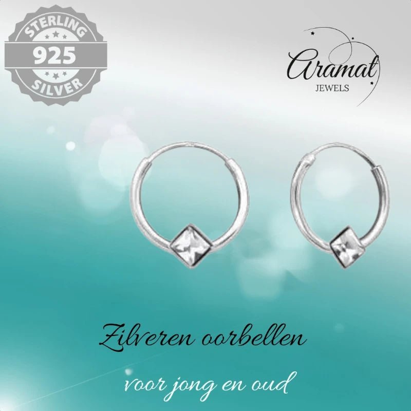 Zilveren Kinder Oorringen Vierkante Kristal &acirc;&euro;&ldquo; 10mm 925 Zilver -