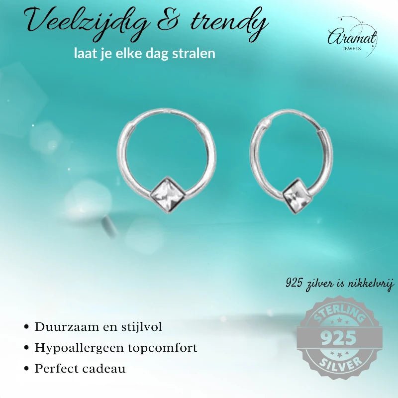 Zilveren Kinder Oorringen Vierkante Kristal &acirc;&euro;&ldquo; 10mm 925 Zilver -