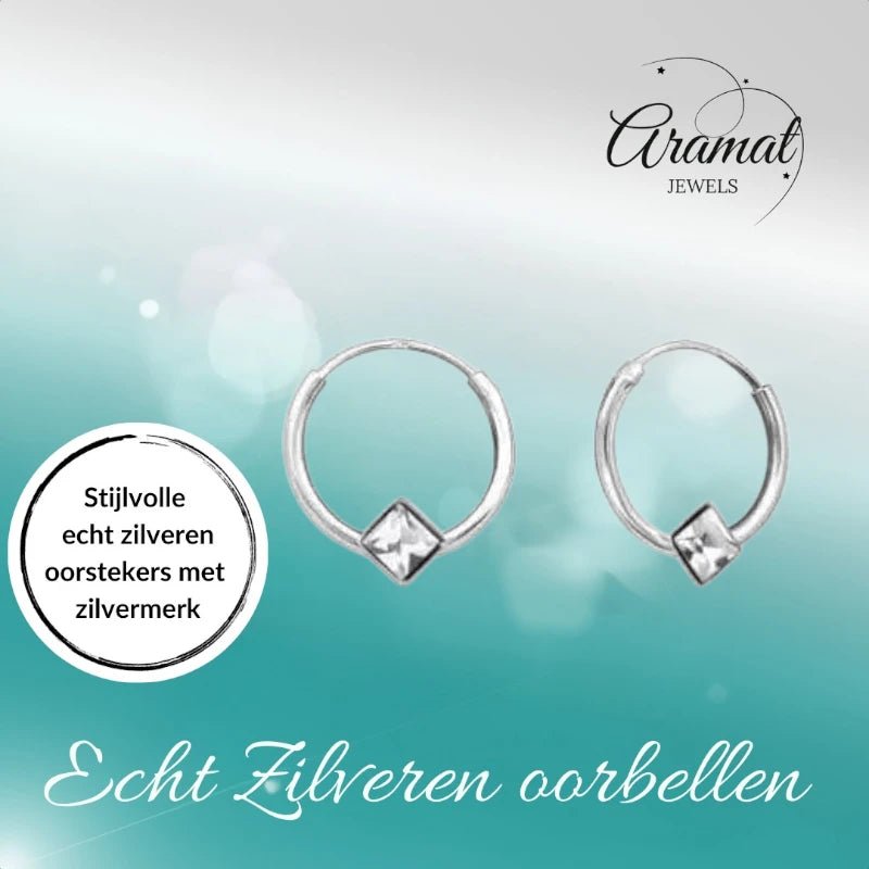 Zilveren Kinder Oorringen Vierkante Kristal &acirc;&euro;&ldquo; 10mm 925 Zilver -
