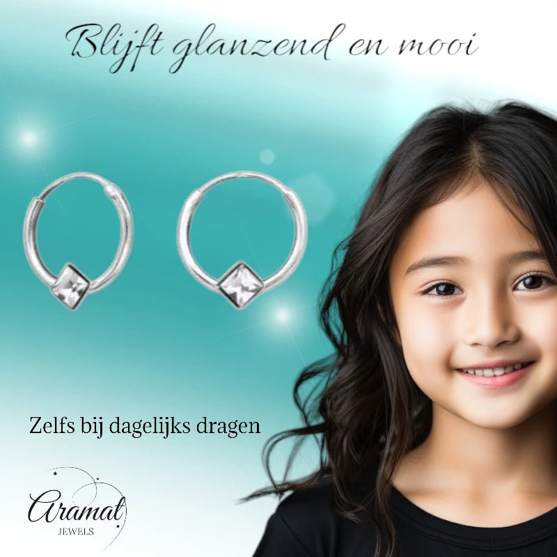 Zilveren Kinder Oorringen Vierkante Kristal &acirc;&euro;&ldquo; 10mm 925 Zilver -