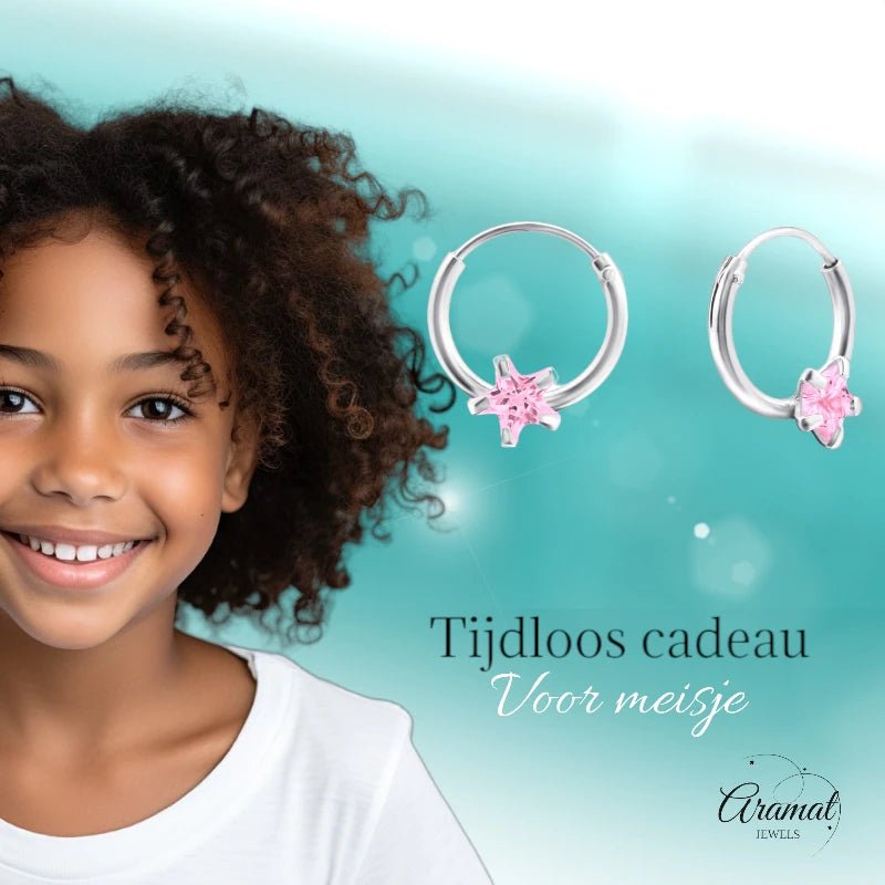 Zilveren Kinder Oorringen Ster Roze Zirkonia &acirc;&euro;&ldquo; 10mm 925 Zilver -