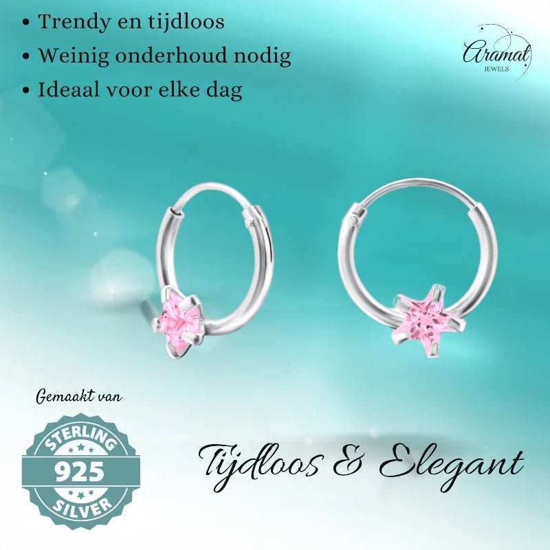 Zilveren Kinder Oorringen Ster Roze Zirkonia &acirc;&euro;&ldquo; 10mm 925 Zilver -