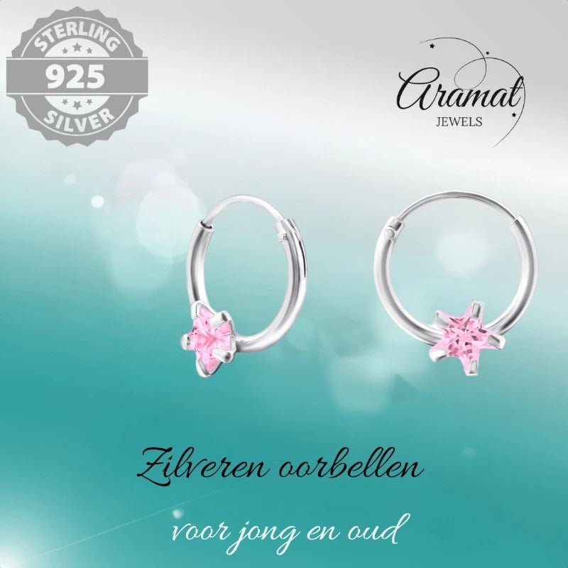 Zilveren Kinder Oorringen Ster Roze Zirkonia &acirc;&euro;&ldquo; 10mm 925 Zilver -