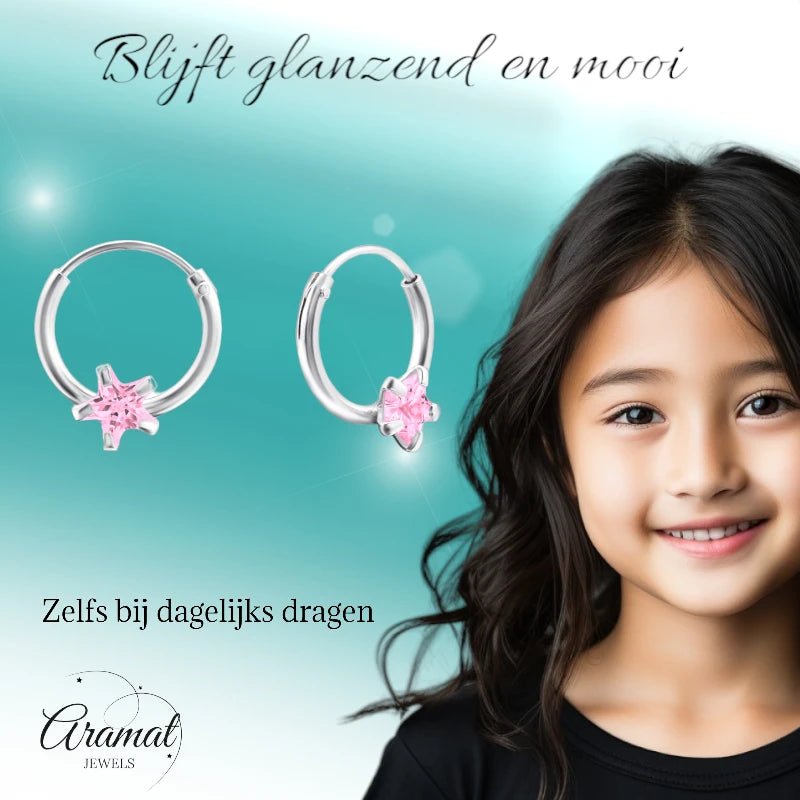 Zilveren Kinder Oorringen Ster Roze Zirkonia &acirc;&euro;&ldquo; 10mm 925 Zilver -