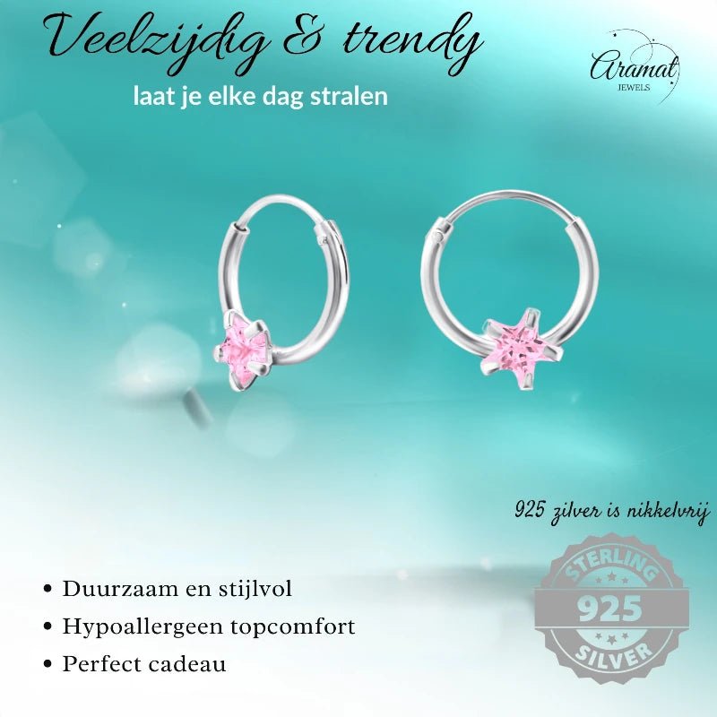 Zilveren Kinder Oorringen Ster Roze Zirkonia &acirc;&euro;&ldquo; 10mm 925 Zilver -