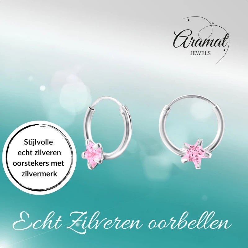 Zilveren Kinder Oorringen Ster Roze Zirkonia &acirc;&euro;&ldquo; 10mm 925 Zilver -