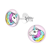 Zilveren Unicorn Oorbellen Kleurrijke Print &acirc;&euro;&ldquo; 7mm 925 Zilver - Unisex