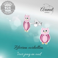 Zilveren Uiltjes Oorbellen Roze Emaille &acirc;&euro;&ldquo; 10x6mm 925 Zilver - Dames