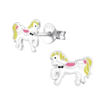 Zilveren Paarden Oorbellen Wit Geel Emaille &acirc;&euro;&ldquo; 9x7mm 925 Zilver - Unisex