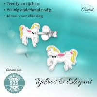 Zilveren Paarden Oorbellen Wit Geel Emaille &acirc;&euro;&ldquo; 9x7mm 925 Zilver - Unisex