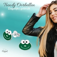 Zilveren Kikker Oorbellen Groen Emaille &acirc;&euro;&ldquo; 7x8mm 925 Zilver - Unisex