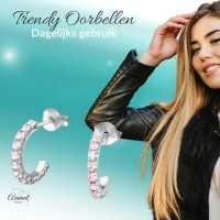 Zilveren Halve Hoepel Oorbellen Roze Zirkonia &acirc;&euro;&ldquo; 14mm 925 Zilver -