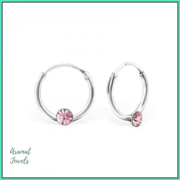 Zilveren Kinder Oorringen met Kristallen &acirc;&euro;&ldquo; 12mm 925 Zilver - Roze -