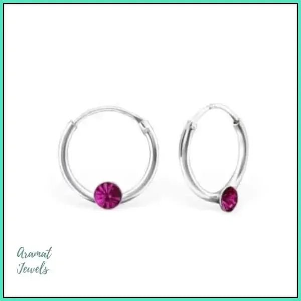 Zilveren Kinder Oorringen met Kristallen &acirc;&euro;&ldquo; 12mm 925 Zilver - Fuchsia -