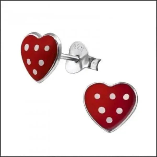 Zilveren Hartje Oorstekers &acirc;&euro;&ldquo; 925 Zilver -Emaille - Rood met witte stippen-8x7mm -