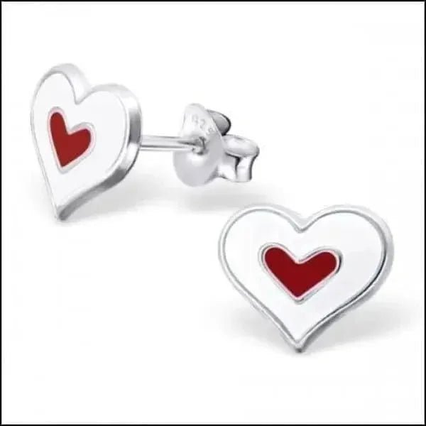 Zilveren Hartje Oorstekers &acirc;&euro;&ldquo; 925 Zilver -Emaille - Wit/Rood-8x9mm -