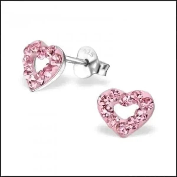 Zilveren Hartje Oorstekers &acirc;&euro;&ldquo; 925 Zilver -Emaille - Kristal/Roze-8x7mm -