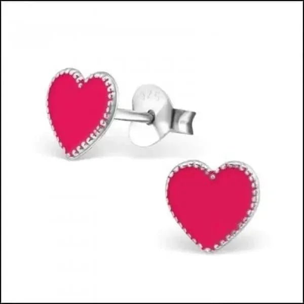 Zilveren Hartje Oorstekers &acirc;&euro;&ldquo; 925 Zilver -Emaille - Donker Roze-7mm -