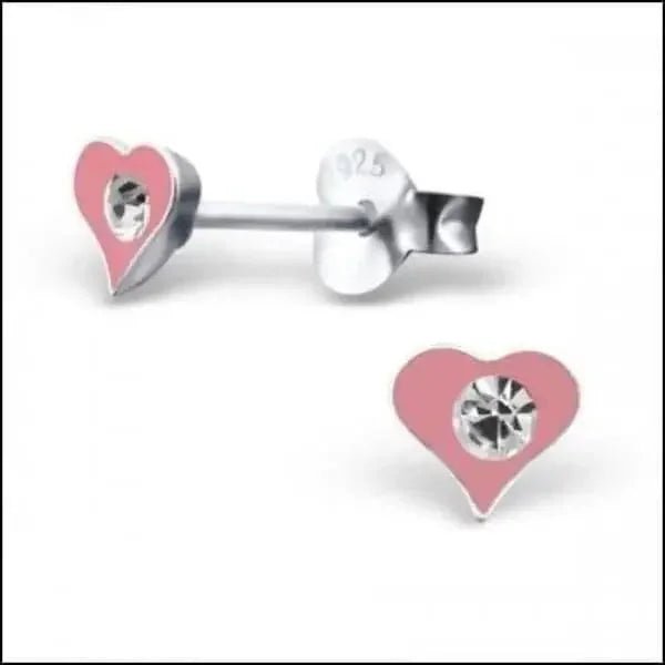 Zilveren Hartje Oorstekers &acirc;&euro;&ldquo; 925 Zilver -Emaille - Roze/transparante kristal-5x4m