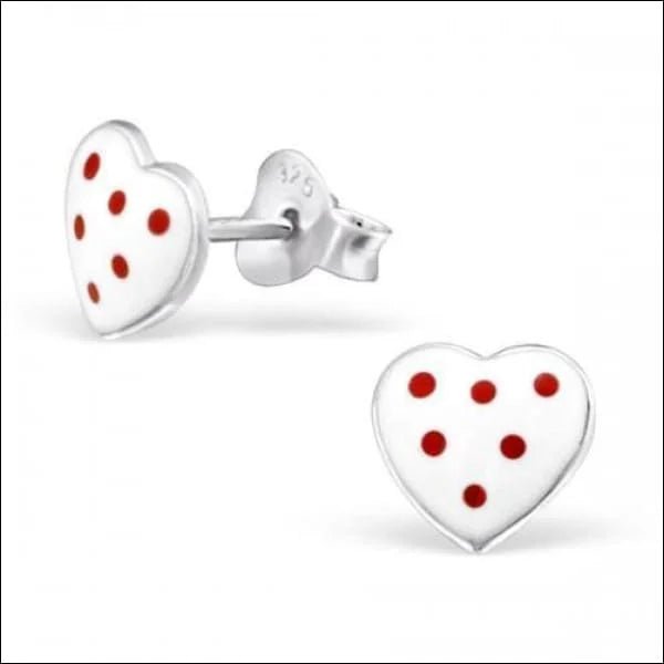 Zilveren Hartje Oorstekers &acirc;&euro;&ldquo; 925 Zilver -Emaille - Wit/Rood gestippeld-7x8mm -