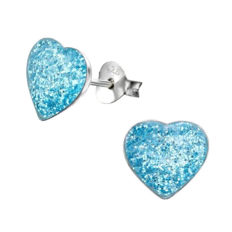 Zilveren Hartje Oorstekers &acirc;&euro;&ldquo; 925 Zilver -Emaille - Blauw Glitter-9mm -