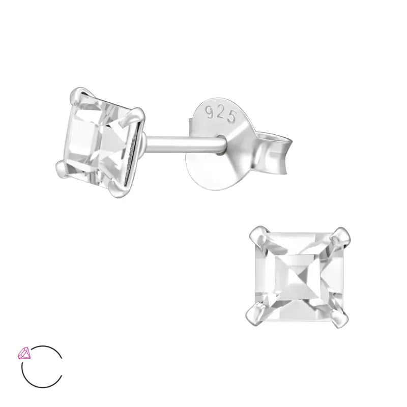 Zilveren Kristallen Oorstekers Vierkant &acirc;&euro;&ldquo; 925 Zilver Geometrisch - 6mm / Transpar