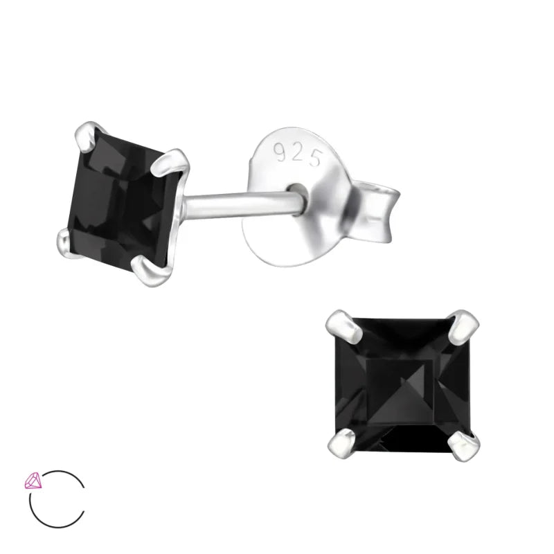 Zilveren Kristallen Oorstekers Vierkant &acirc;&euro;&ldquo; 925 Zilver Geometrisch - 6mm / Zwart -