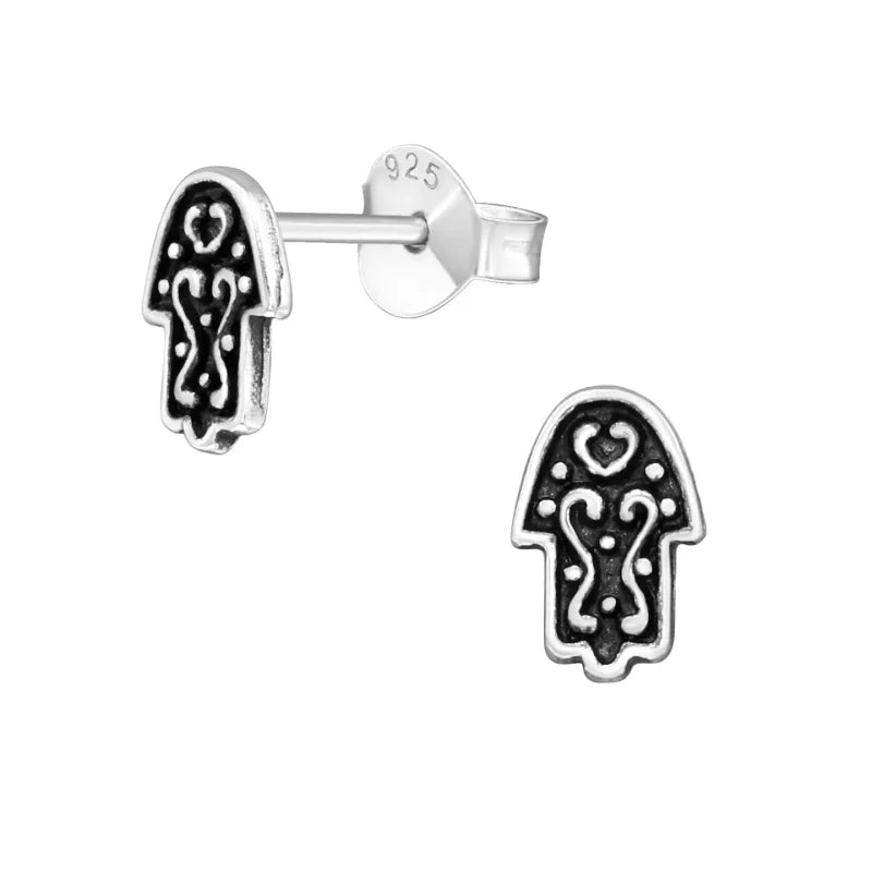 Zilveren Hamsa Hand Oorbellen - Geoxideerd Zilver -7x5mm -
