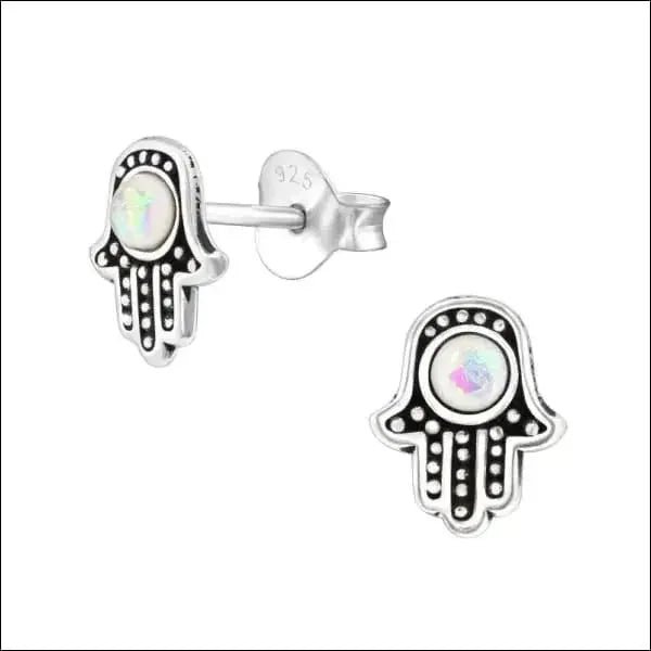 Zilveren Hamsa Hand Oorbellen - Opaal Wit -